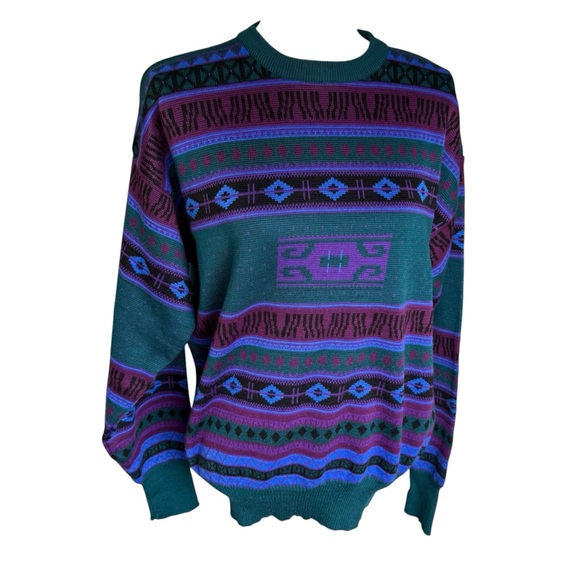 Vtg 90s Meister Mens Wool Blend Knit Aztec blue purple crewneck Sweater Sz large - Picture 1 of 5